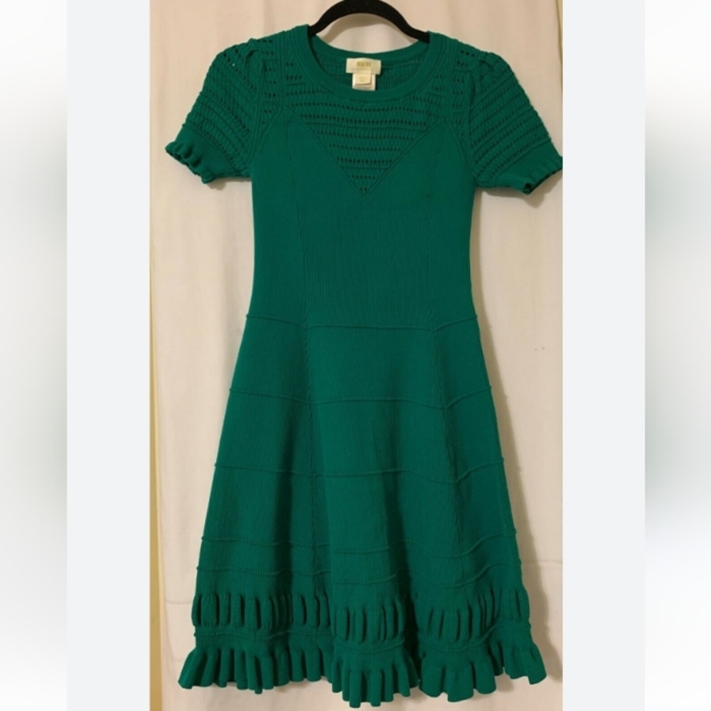 Anthropologie Maeve Knit Dress Women Smerald Green SzXS Ruffle Knit - Picture 3 of 13